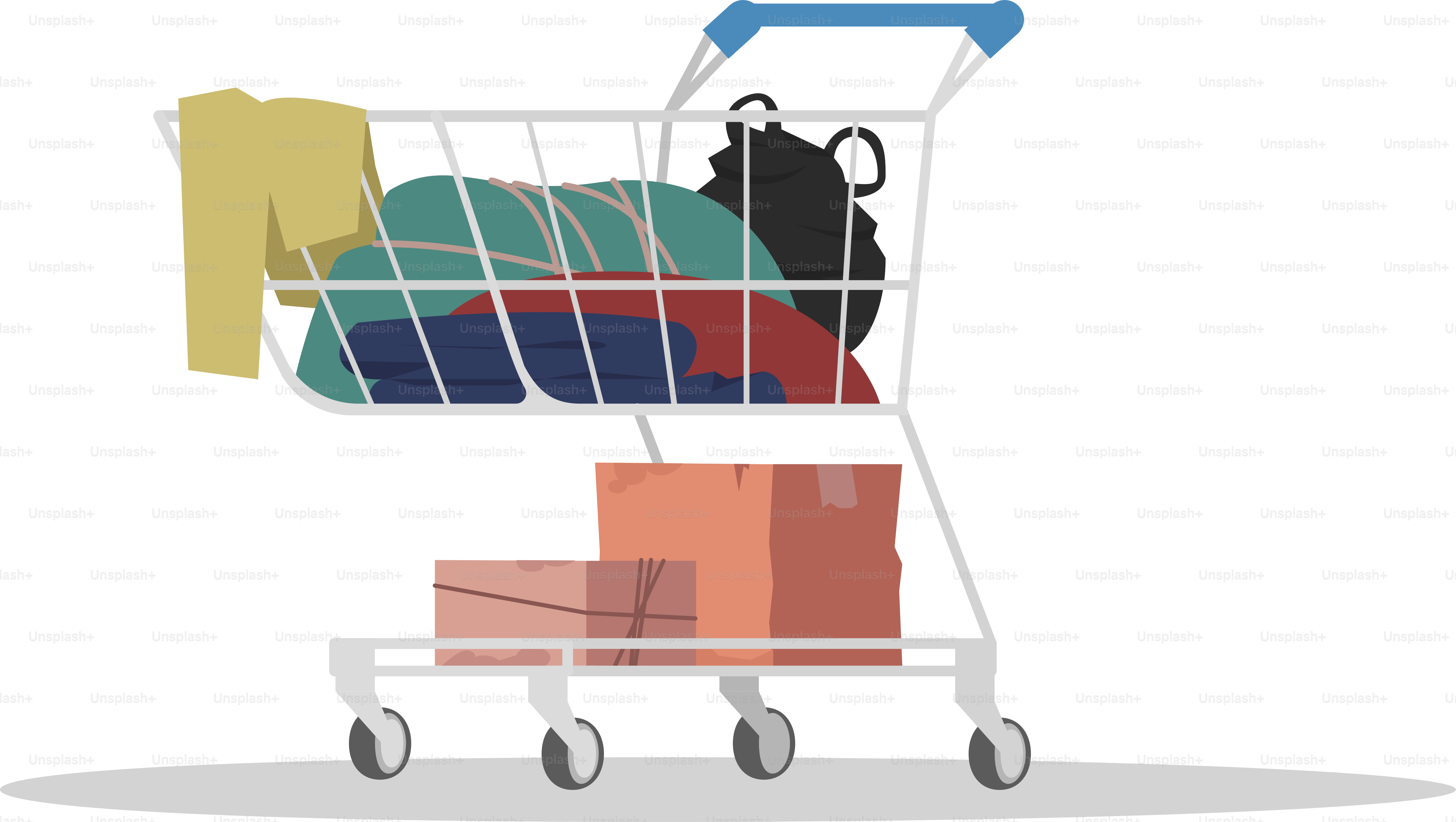 Carrito de la compra con ilustración vectorial RGB semi plana y basura. Cosas sucias en el contenedor. Carrito lleno de rabinos raídos. Carrito de objeto de dibujos animados aislados de personas sin hogar sobre fondo blanco