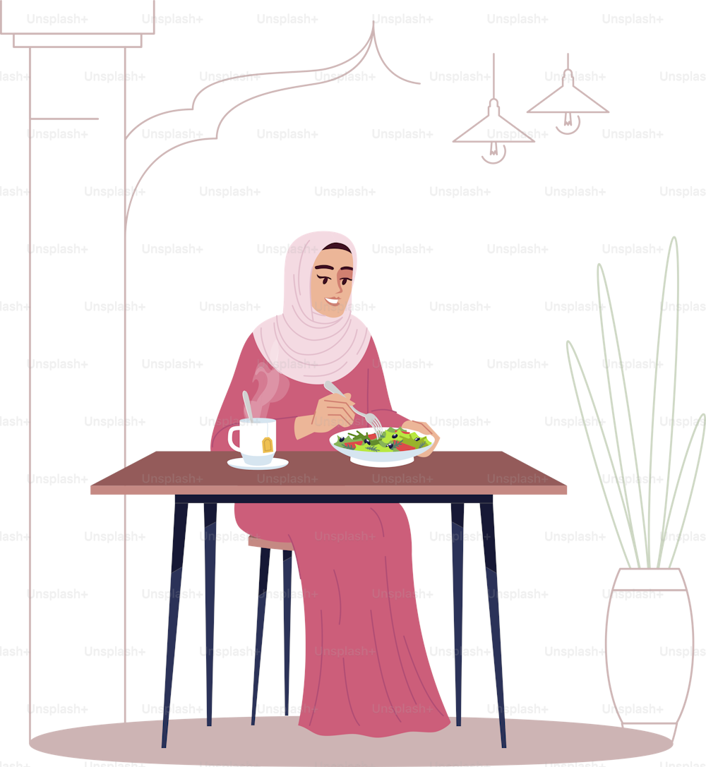 Signora che mangia insalata con tisana illustrazione vettoriale di colore RGB semi piatta. Alimentazione sana, dieta vegana. Donna musulmana in hijab che gode del pranzo isolato personaggio dei cartoni animati su priorità bassa bianca