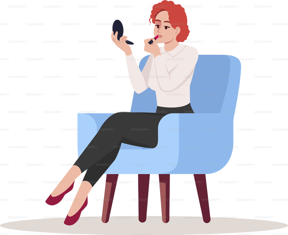 Woman apply makeup at home semi flat RGB color vector illustration. Woman looking in mirror and put on lipstick. Cosmetic application. Female beauty isolated cartoon character on white background