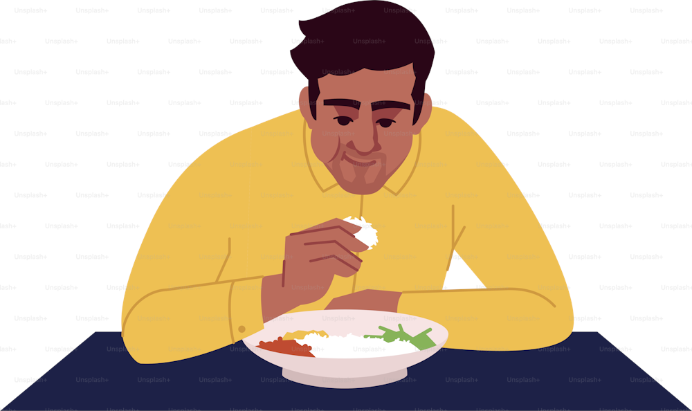Indischer Mann, der Reis mit halbflachen Händen isst, RGB-Farbvektorillustration. Ethnische orientalische Küche. Junger dunkelhäutiger Mann, der traditionelles asiatisches Gericht genießt, isolierte Zeichentrickfigur auf weißem Hintergrund