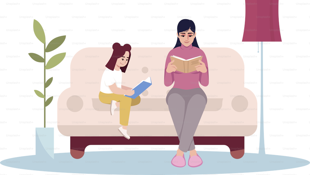 Family home activity semi flat RGB color vector illustration. Woman and girl read books together. Parent and child sit on couch. Mother and daughter isolated cartoon character on white background