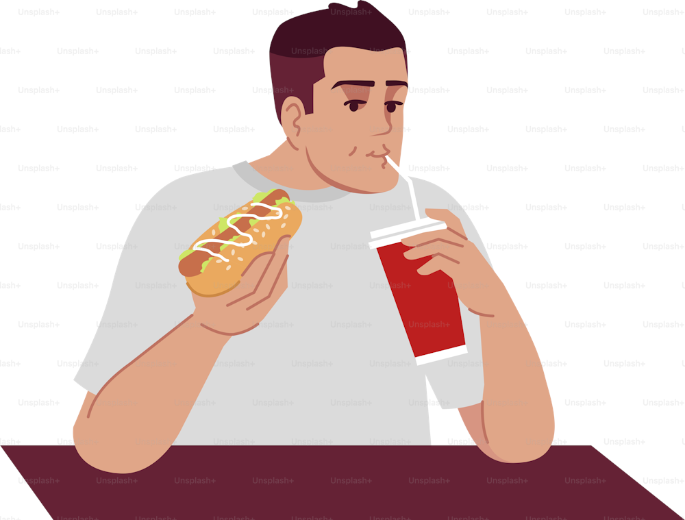Junger Mann, der Fast Food halbflache RGB-Farbvektorillustration isst. Ungesunde Ernährung. Kaukasischer Kerl, der köstlichen Hot Dog mit Soda isolierte Zeichentrickfigur auf weißem Hintergrund genießt
