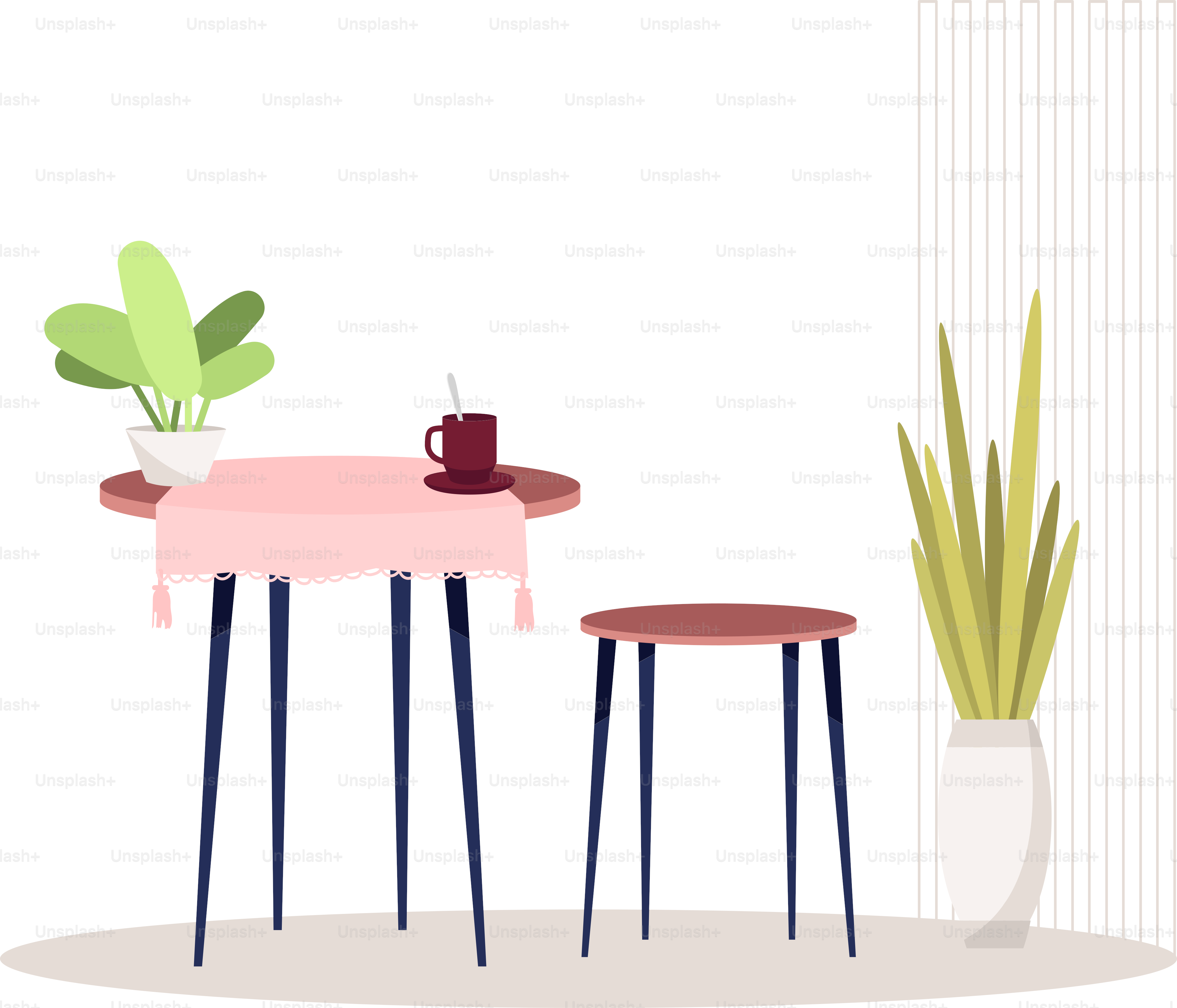 Küche gemütliches Interieur halbflache RGB-Farbvektorillustration. Couchtisch mit Stühlen. Teetassen im Esszimmer. Innenraum des Hauses. Gemütliche Wohnmöbel isoliertes Cartoon-Objekt auf weißem Hintergrund