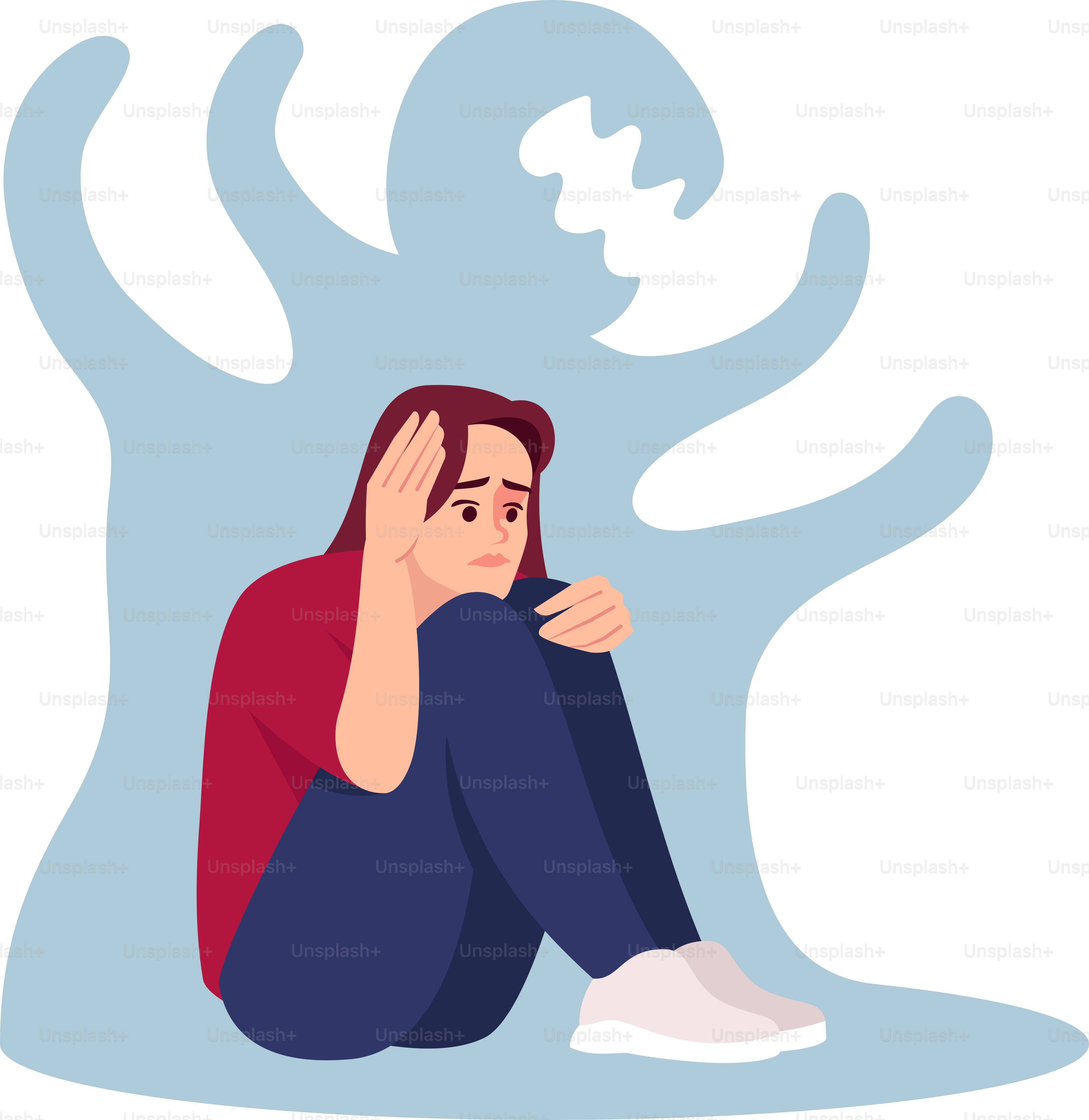 Girl with schizophrenia semi flat RGB color vector illustration. Stressed woman isolated cartoon character on white background. Emotional pressure, mental disorder. Depressed girl with anxiety