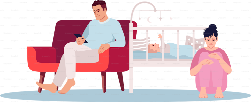 Postpartum depression semi flat RGB color vector illustration. Stressed young parents isolated cartoon character on white background. Irritated couple with newborn baby. Postnatal disorder