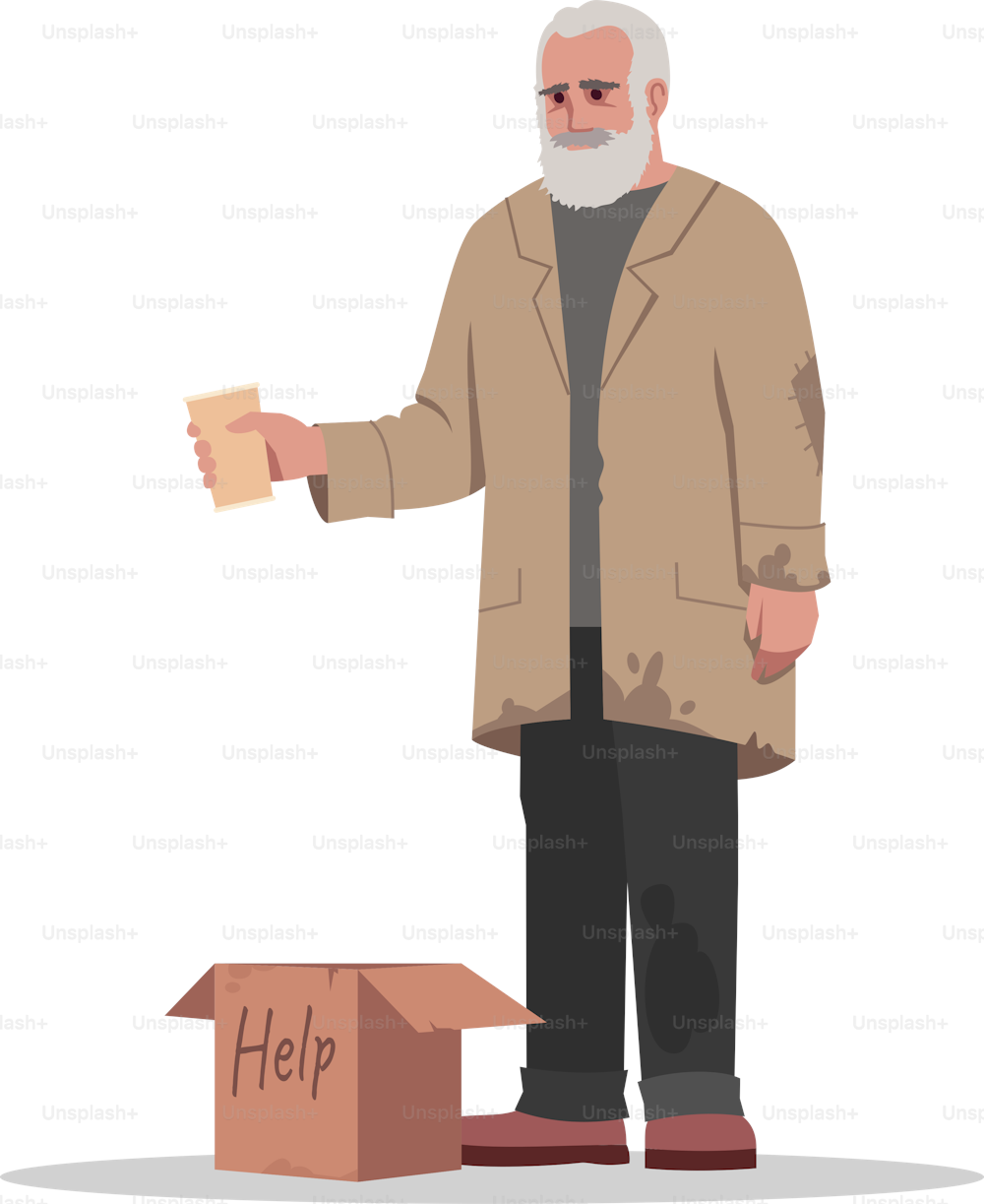 Homeless man beg for money semi flat RGB color vector illustration. Unemployed person in poverty wait for donation. Help jobless senior. Beggar isolated cartoon character on white background