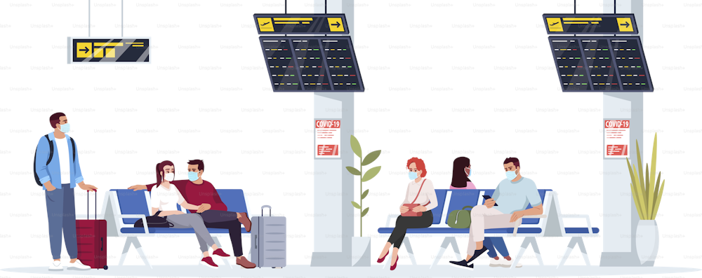 People wait for flight semi flat RGB color vector illustration. Woman sit in lobby. Man in airport terminal. Airplane passengers in medical masks isolated cartoon character on white background