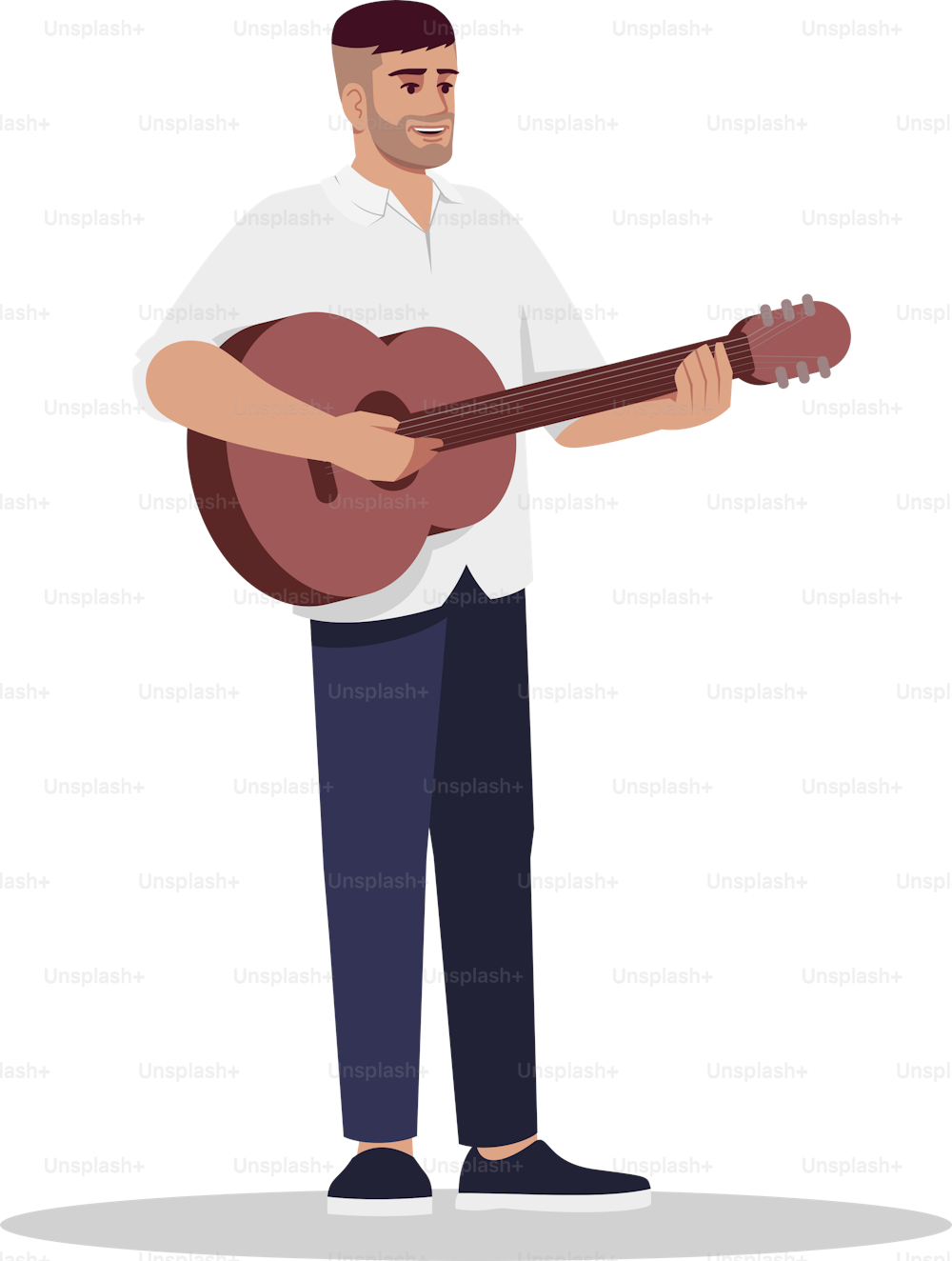 ギタリストのセミフラットRGBカラーベクターイラスト。ギターを持つ男性ミュージシャン。楽器を持つ男。エンターテイナーがライブで歌う。白い背景にパフォーマーの分離型漫画のキャラクター