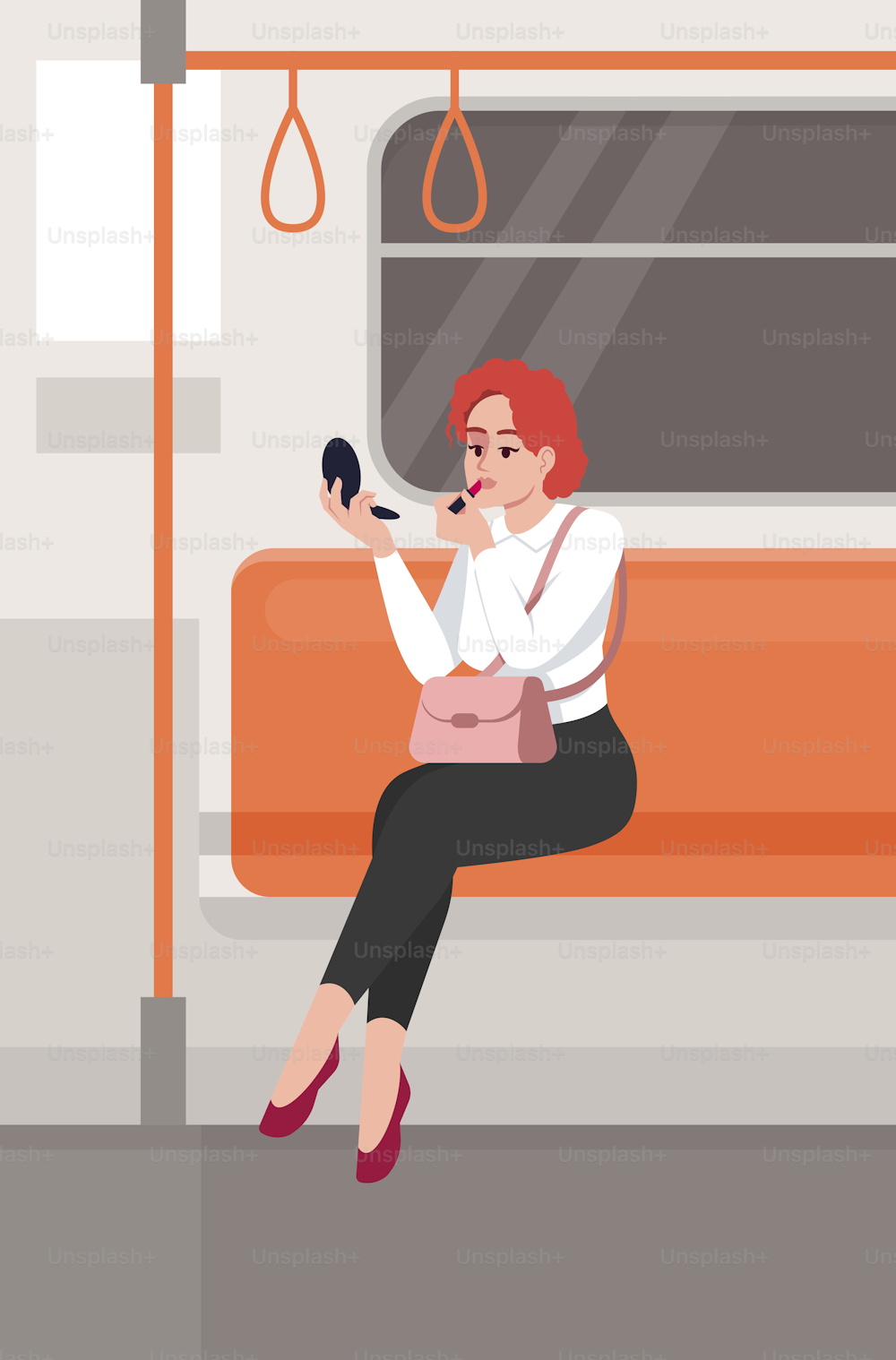 Woman apply lipstick in train semi flat vector illustration. Female with cosmetic in public transport. Businesswoman sit in commuter. Metro passenger 2D cartoon characters for commercial use