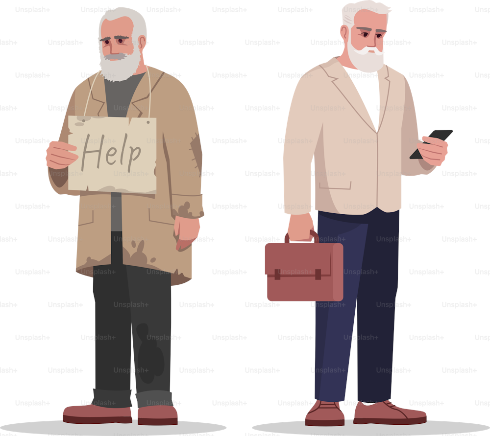 Elderly employment situation semi flat RGB color vector illustration set. Old jobless homeless person. Elder corporate worker. Senior employee isolated cartoon character on white background