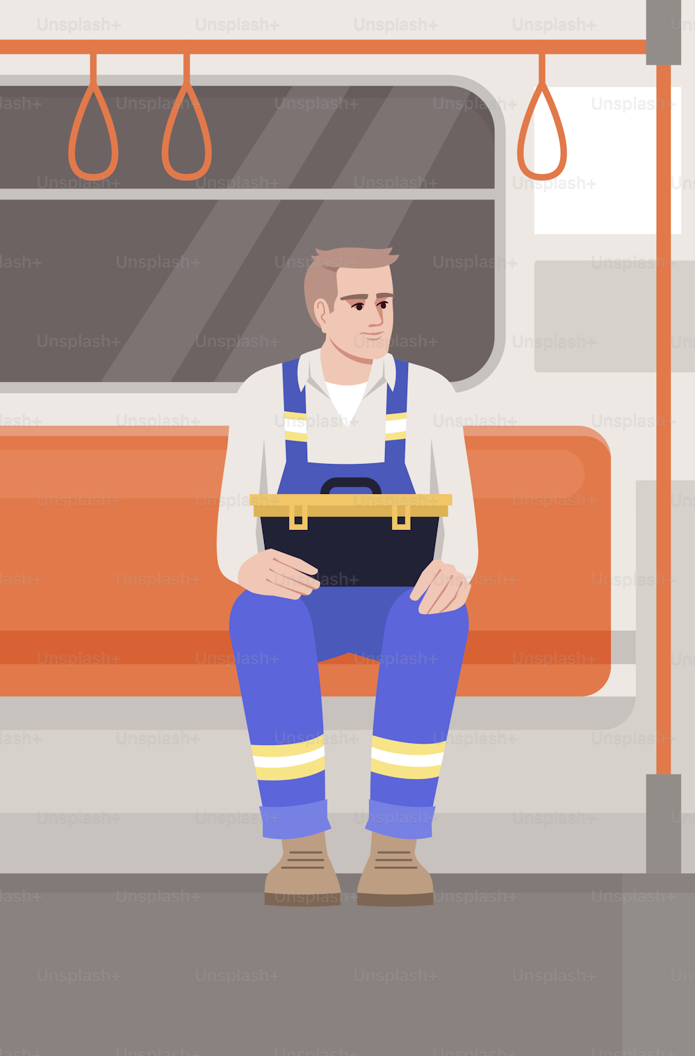 列車の半平らなベクターイラストの修理工。公共交通機関のツールボックスを保持する請負業者。通勤中の制服を着た男性技術者。商用利用のためのメトロ乗客2D漫画のキャラクター