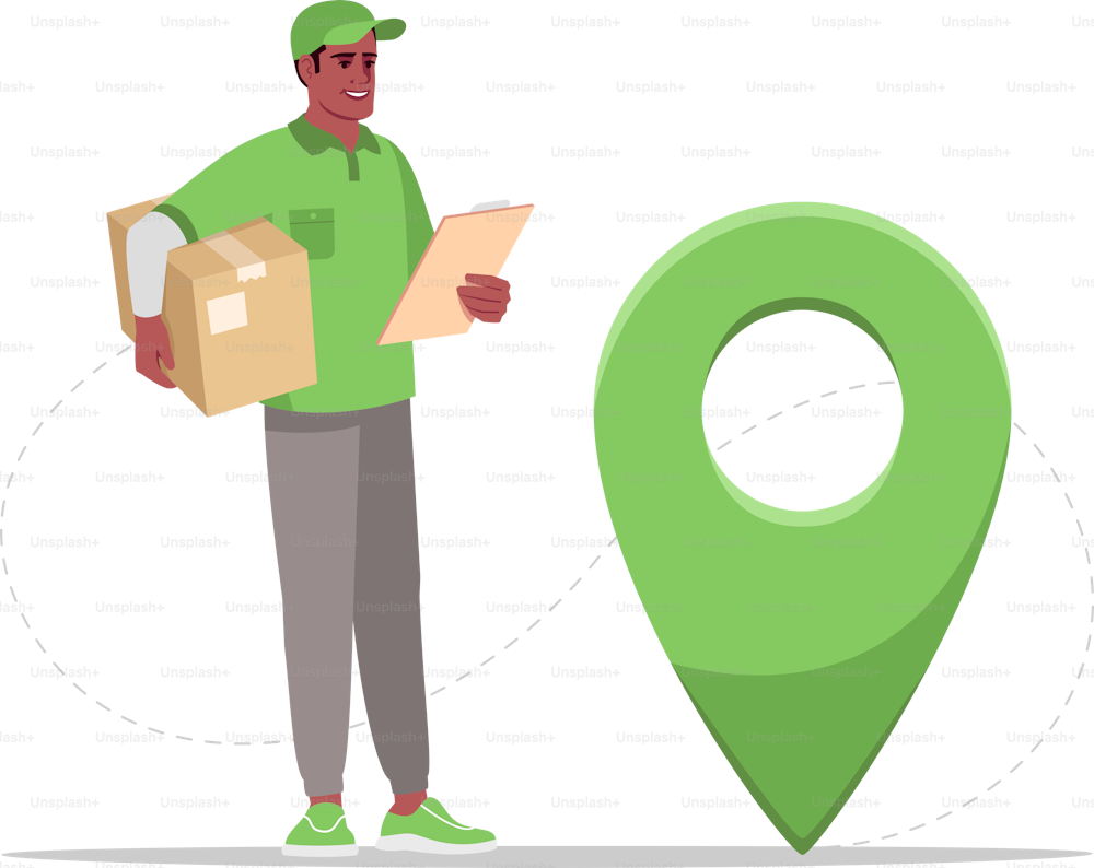 Order geolocation semi flat RGB color vector illustration. GPS pointer to location of parcel. Ecommerce service. Courier with mail. Male delivery man isolated cartoon character on white background