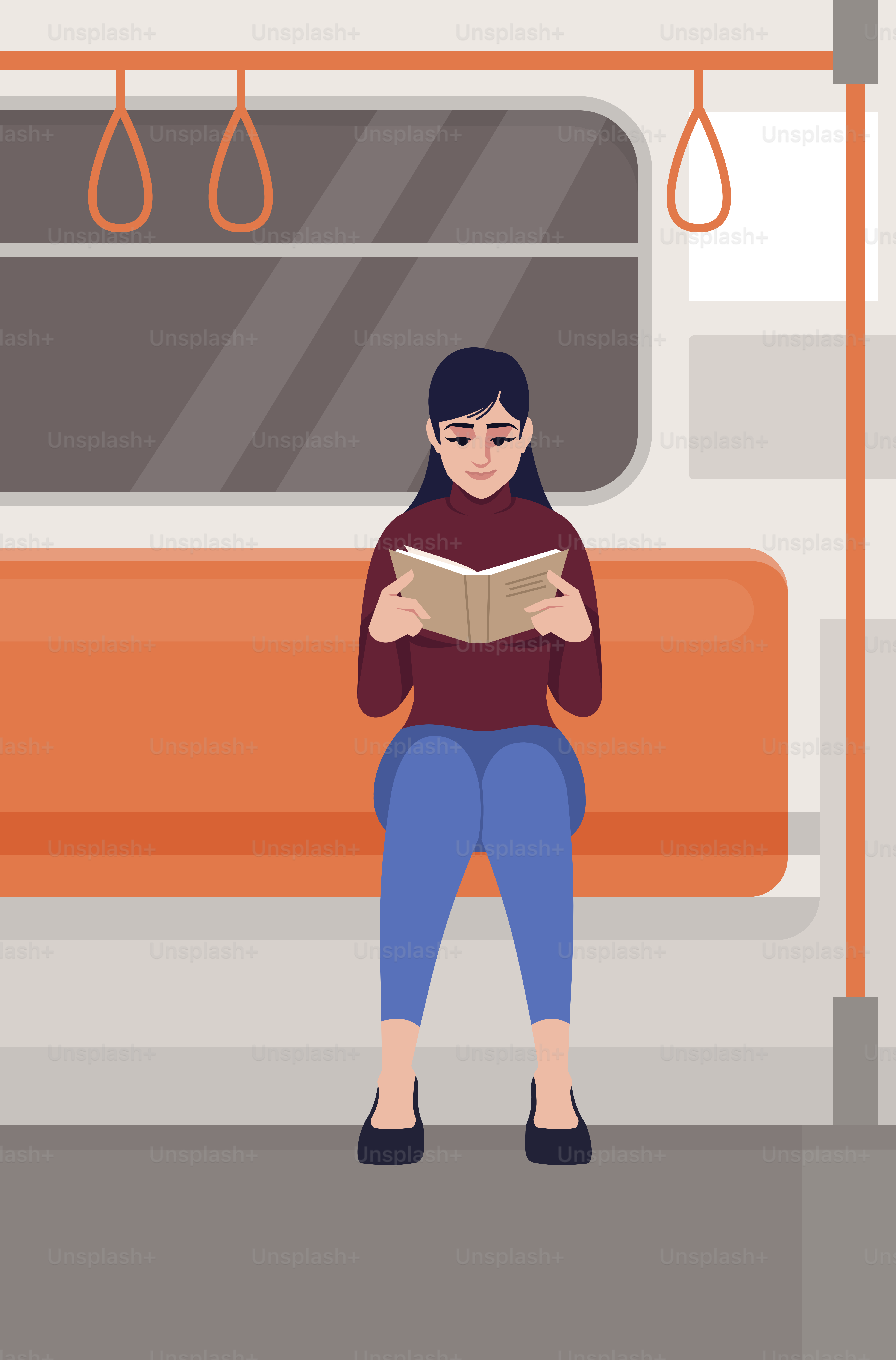 Seorang wanita membaca buku sambil duduk di bangku kereta bawah tanah oranye