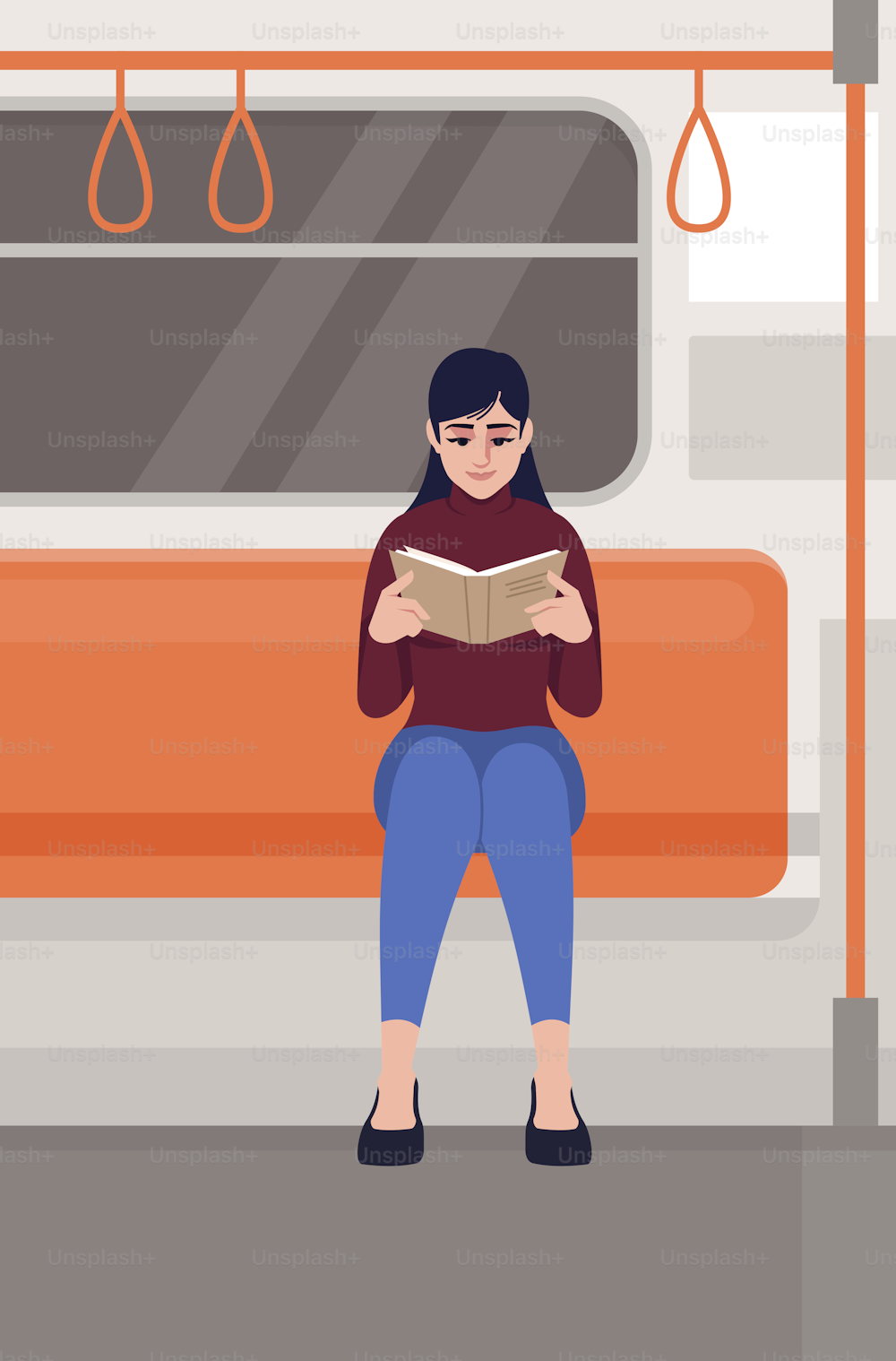 Woman reading in train semi flat vector illustration. Female reader holding book in public transport. Student with notebook sit in commuter. Metro passenger 2D cartoon characters for commercial use