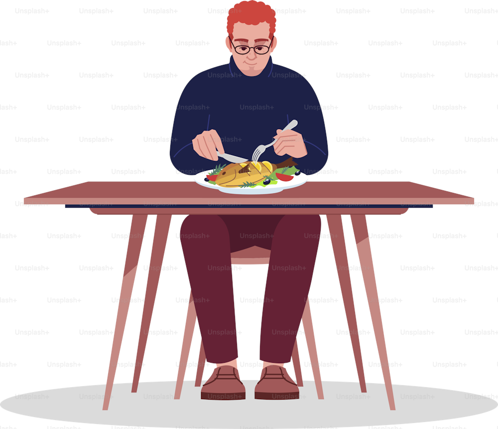 Junger Mann, der Meeresfrüchte halbflache RGB-Farbvektorillustration genießt. Abendessen im Gourmet-Restaurant. Rothaariger kaukasischer Kerl, der Fisch mit Gabel und Messer isst, isolierte Zeichentrickfigur auf weißem Hintergrund
