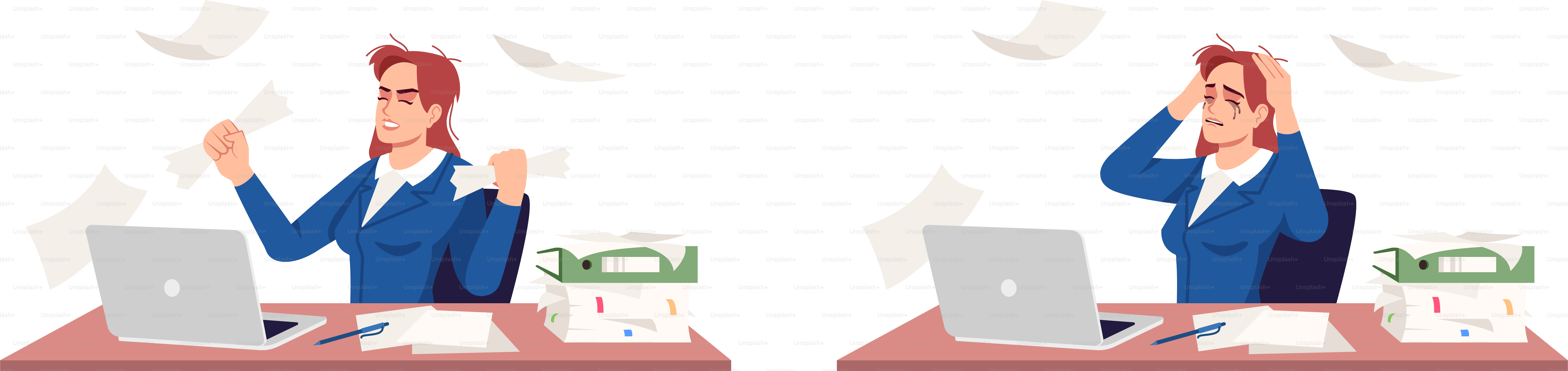 Stressed businesswoman flat vector illustrations set. Angry and crying office worker isolated cartoon characters kit. Stress management, anger control. Overworked lady, burnout, emotional breakdown