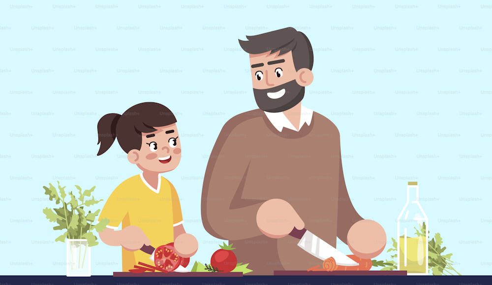父と娘が一緒に料理をする半フラットRGBカラーベクターイラスト。青の背景に野菜を切る親子、家族がサラダを作る漫画のキャラクター