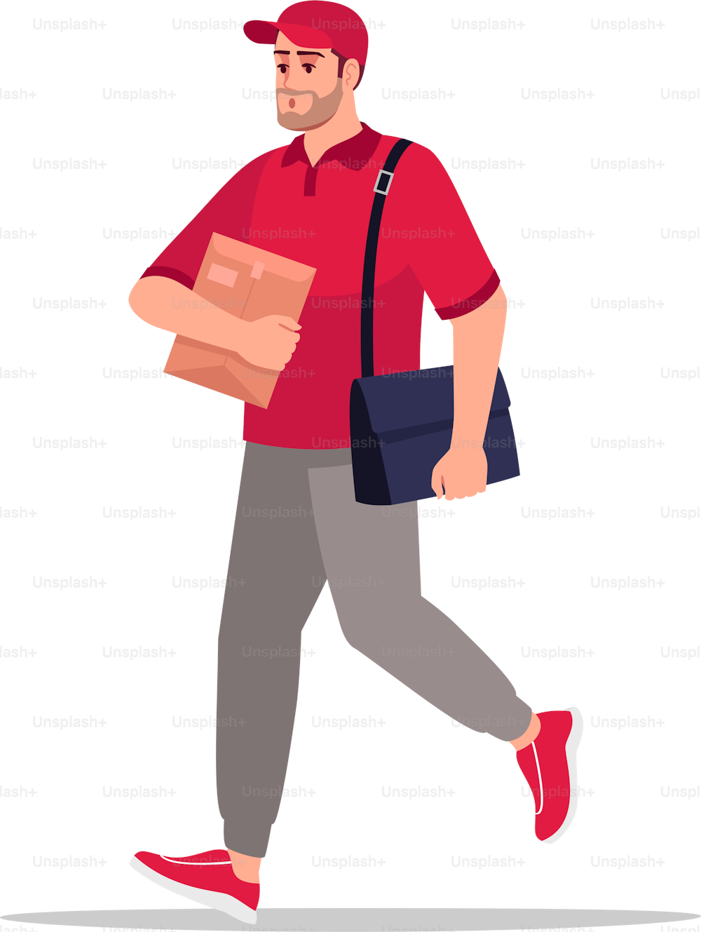 Mail carrier semi flat RGB color vector illustration. Postman walk with order. Worker with cardboard package. Caucasian male courier in red uniform isolated cartoon character on white background