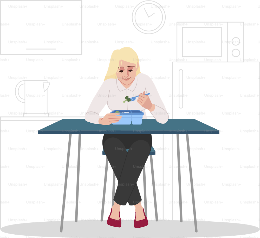 Woman eating lunch semi flat RGB color vector illustration. Caucasian girl enjoying healthy food. Female office worker, college student isolated cartoon character on white background