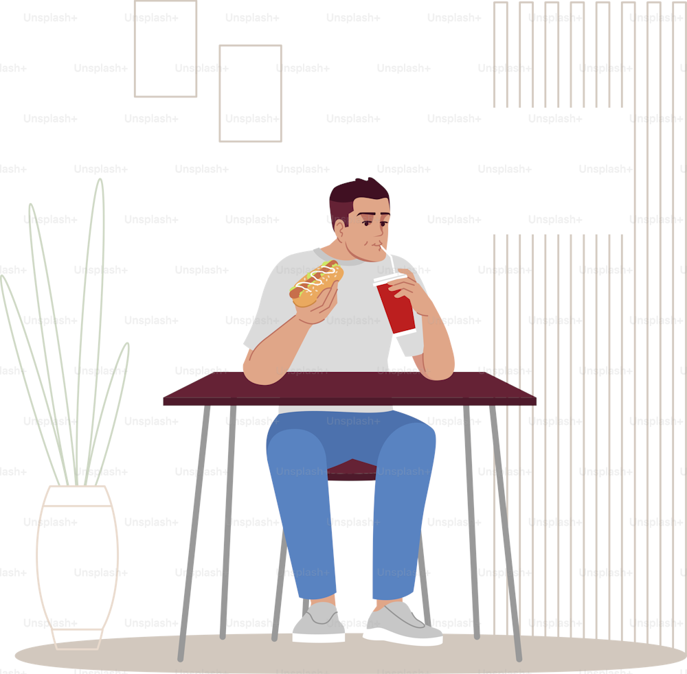 Guy eating hot dog with soda semi flat RGB color vector illustration. High calorie snacks consumption. Caucasian man enjoying unhealthy fast food isolated cartoon character on white background
