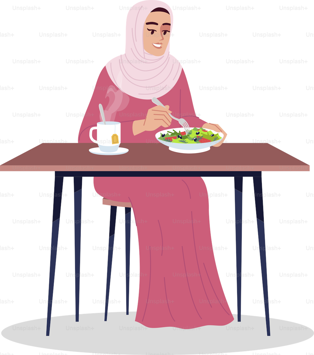 Arabische Frau, die Salat mit heißem Tee halb flache RGB-Farbvektorillustration isst. Gesunde Ernährung, Bio-Lebensmittelkonsum. Muslimische vegetarische Dame isolierte Zeichentrickfigur auf weißem Hintergrund