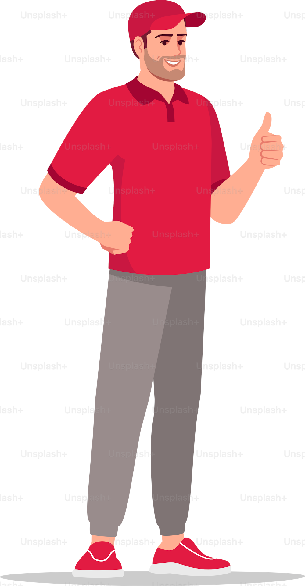 Delivery customer service semi flat RGB color vector illustration. Courier company employee. Happy male worker. Caucasian male courier in red uniform isolated cartoon character on white background