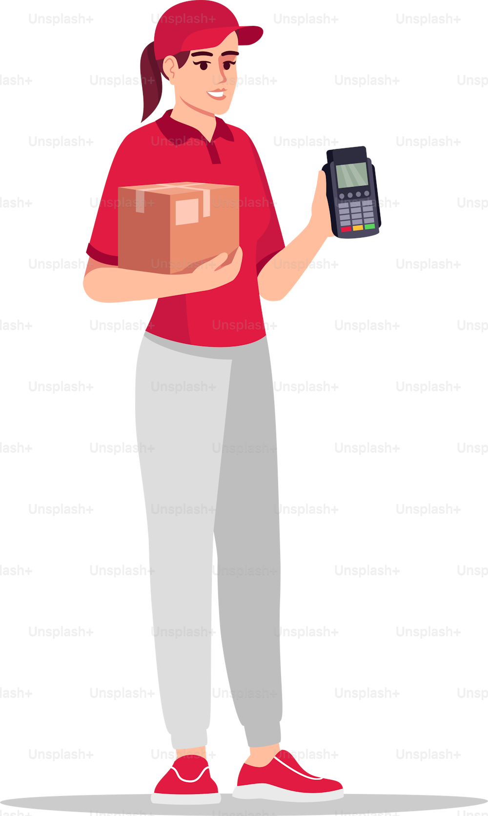 Contactless payment for delivery semi flat RGB color vector illustration. Caucasian employee in red shirt with terminal for credit card. Courier worker isolated cartoon character on white background