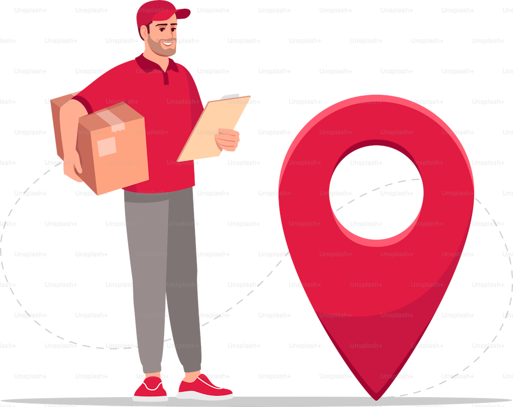 Package geolocation semi flat RGB color vector illustration. GPS pointer to location of parcel. Delivery worker. Caucasian male courier in red uniform isolated cartoon character on white background