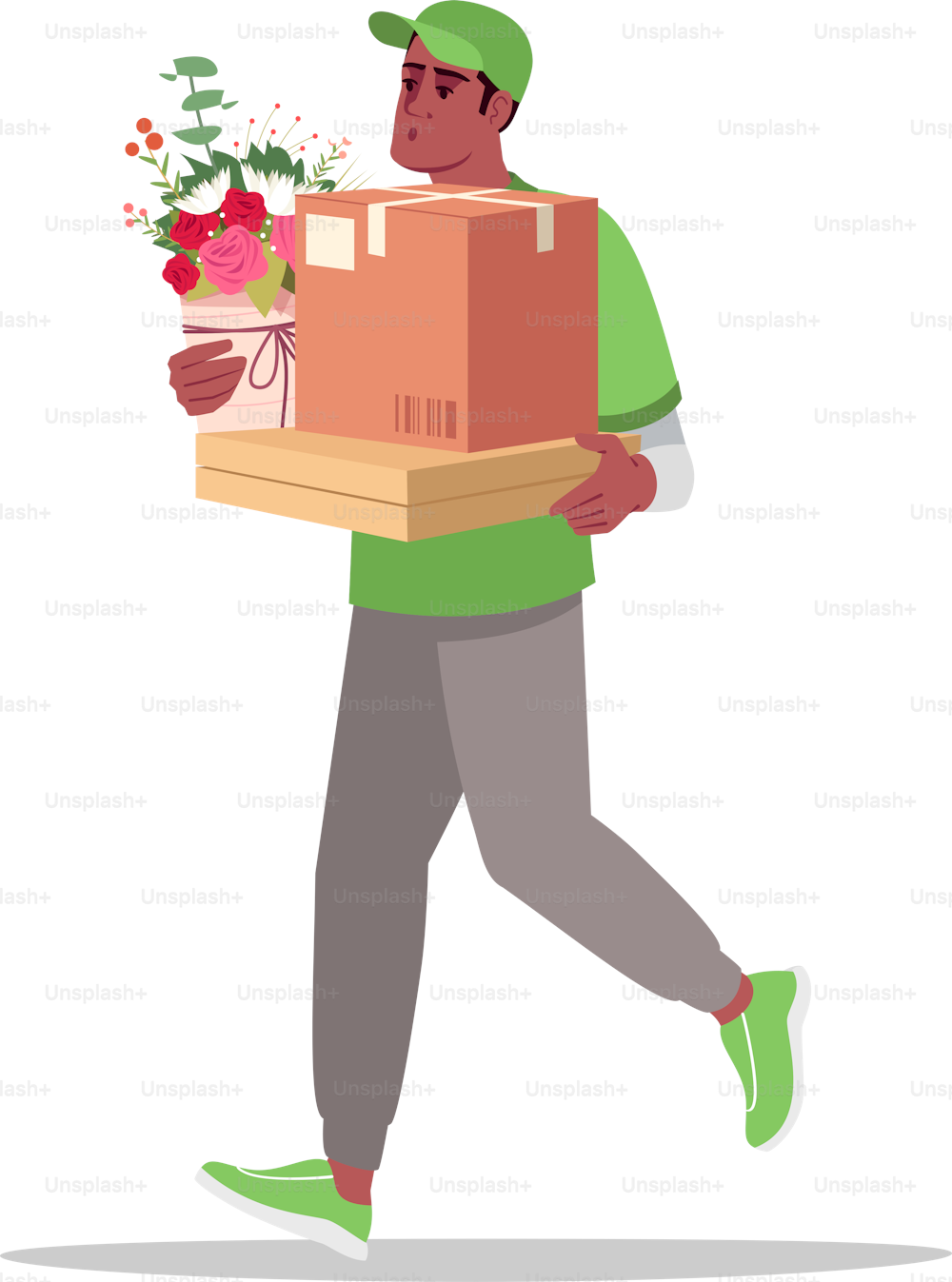 Illustration vectorielle couleur RVB semi-plate à domicile spéciale. Les livreurs transportent un bouquet de fleurs et une boîte en carton. Messager africain isolé personnage de bande dessinée sur fond blanc