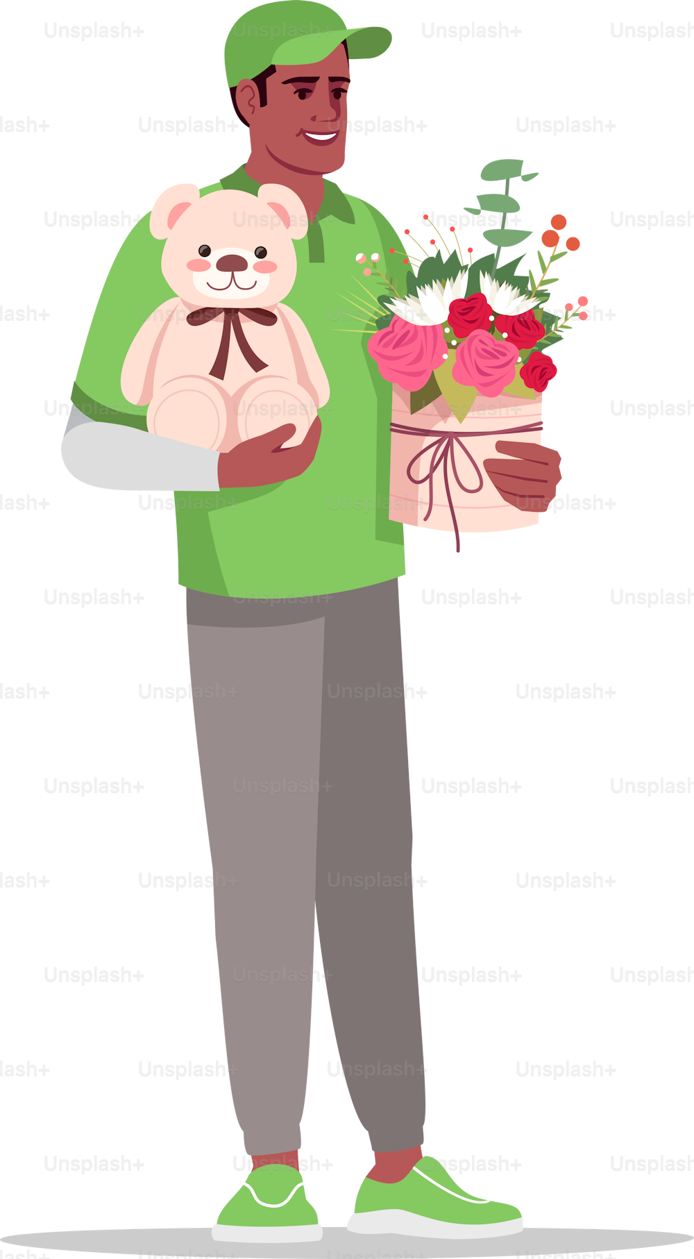 Valentine gift delivery semi flat RGB color vector illustration. Send plush bear and flower bouquet. Male african courier in green uniform isolated cartoon character on white background