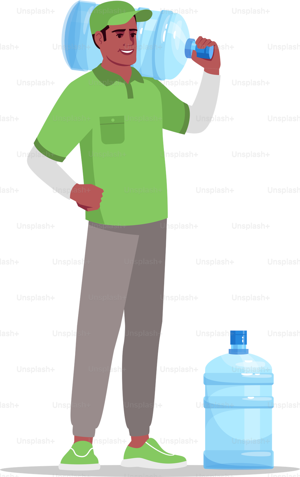 Water office delivery semi flat RGB color vector illustration. Gallon of purified liquid for corporate cooler. Deliveryman service. Male african courier isolated cartoon character on white background