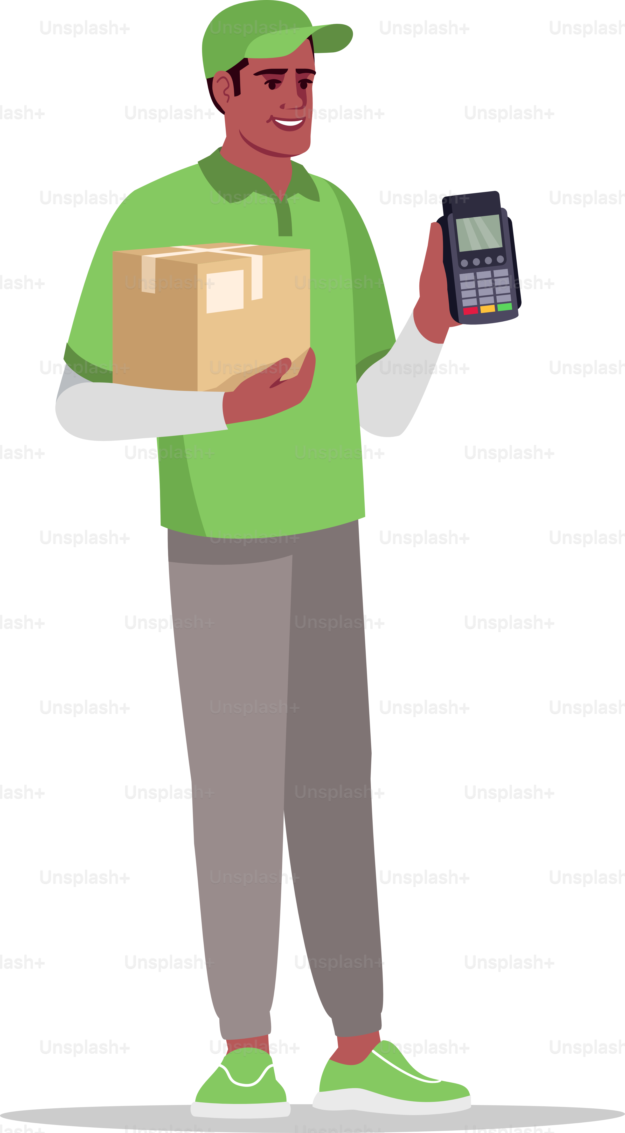 Paiement sans espèces pour la livraison, illustration vectorielle RGB couleur semi-plate. Livreur avec colis. Payez avec le terminal pour le colis. Messager africain masculin isolé personnage de dessin animé sur fond blanc