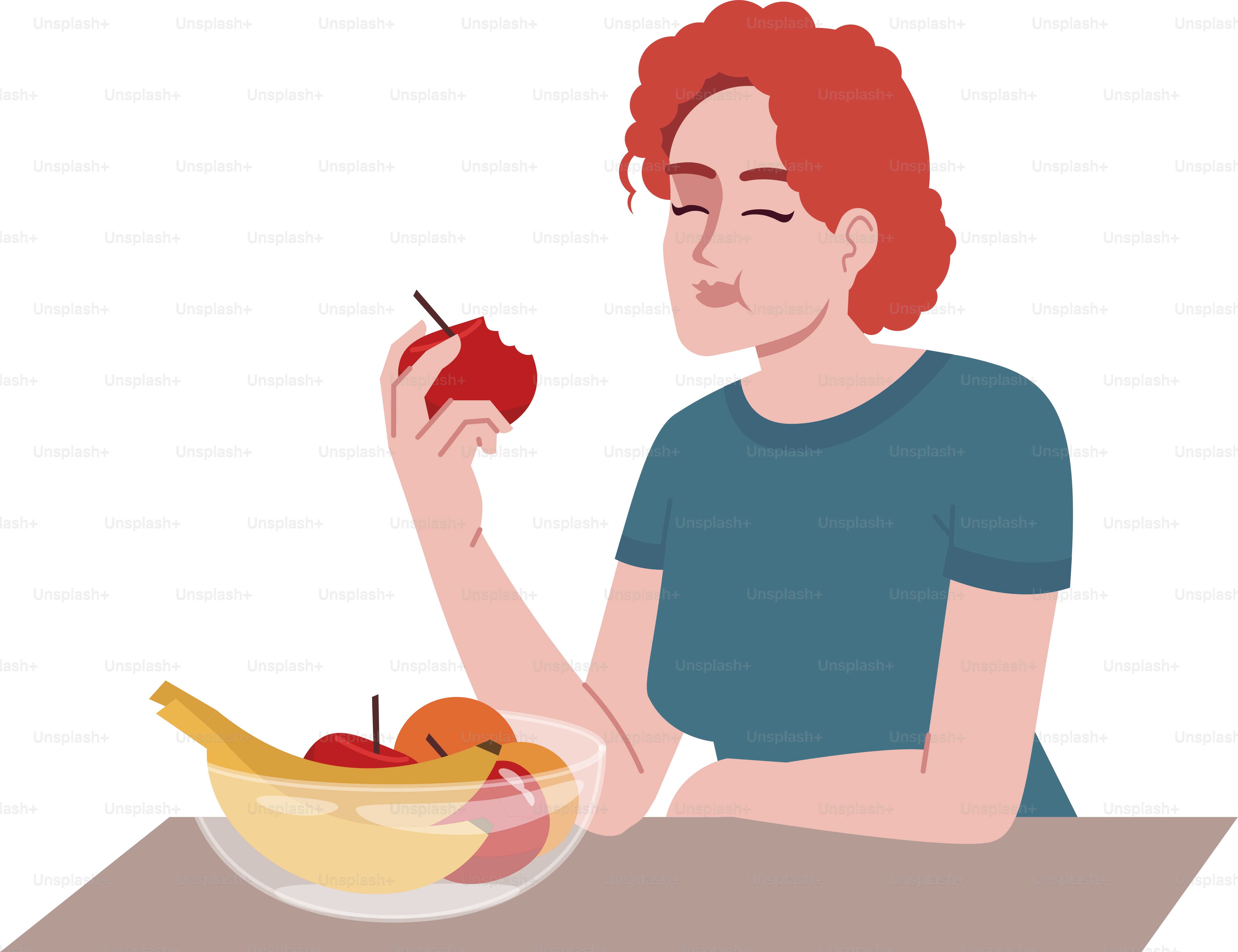 Redhead girl eating fruits semi flat RGB color vector illustration. Healthy nutrition, vitamin diet. Young caucasian woman enjoying fresh apple isolated cartoon character on white background