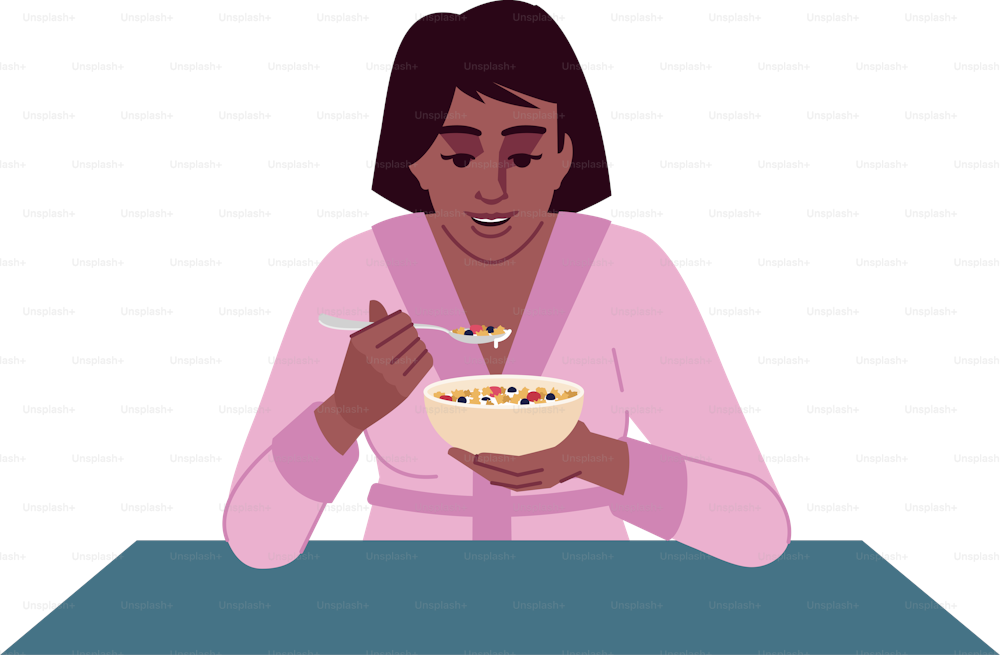 Young woman eating muesli with milk semi flat RGB color vector illustration. Delicious breakfast. Smiling african american lady enjoying oatmeal isolated cartoon character on white background