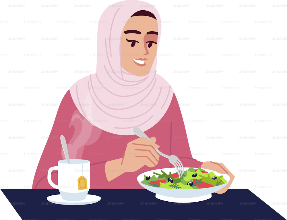 Donna musulmana che mangia insalata con tè semi piatto RGB illustrazione vettoriale di colore. Nutrizione vegetariana, dieta vitaminica. Signora araba che gode di cibo sano isolato personaggio dei cartoni animati su priorità bassa bianca