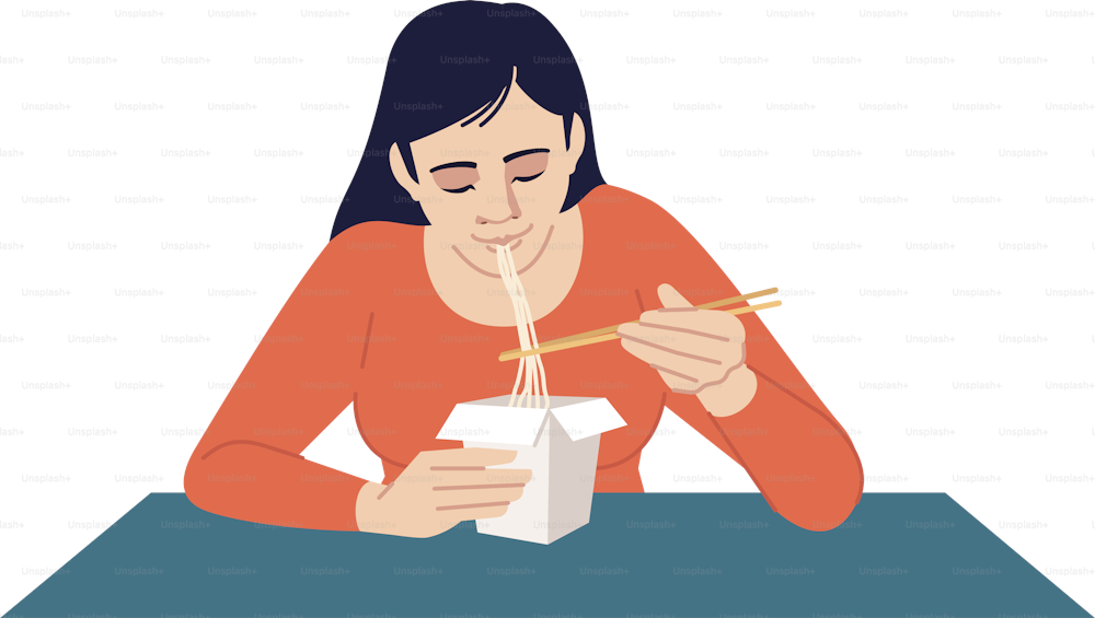Jeune femme mangeant de la nourriture chinoise semi plat RVB illustration vectorielle couleur. Commande à emporter au restaurant de cuisine orientale. Dame asiatique appréciant les nouilles personnage de dessin animé isolé sur fond blanc