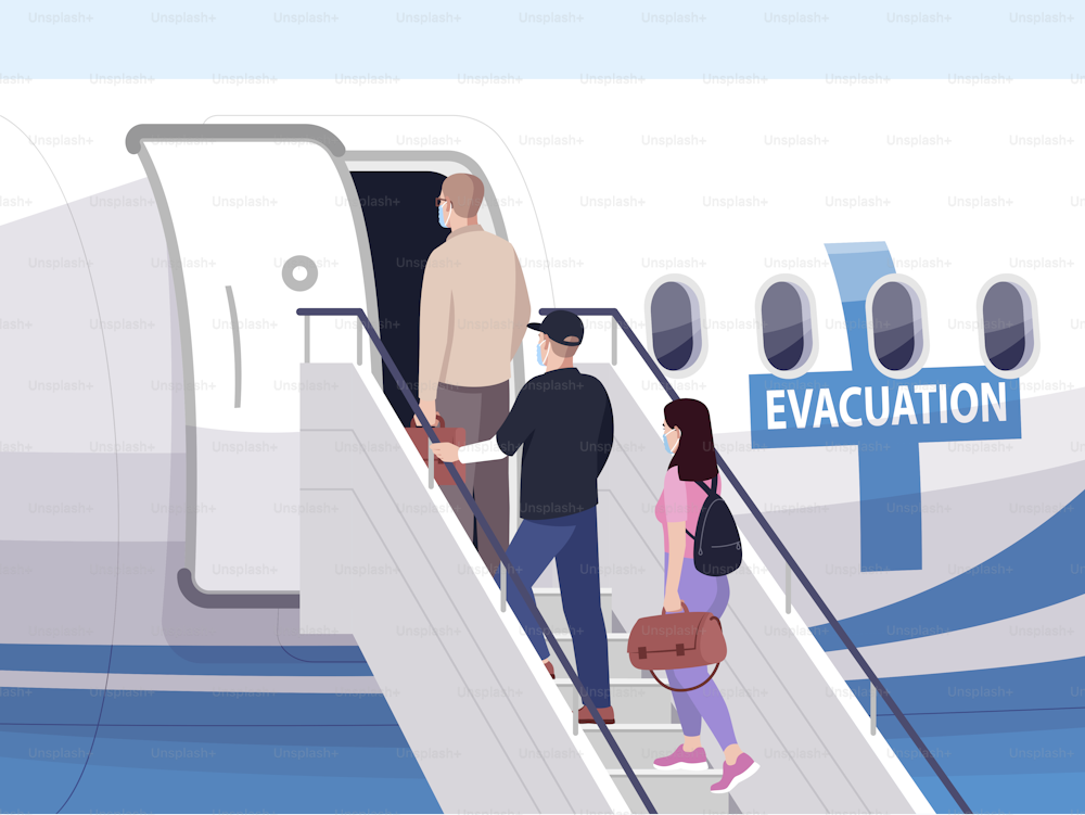 Ilustración vectorial semiplana de evacuación de emergencia. Cierre de la zona de contaminación. La gente aborda en avión para dejar peligro. Pasajeros de aviones Personajes de dibujos animados 2D para uso comercial