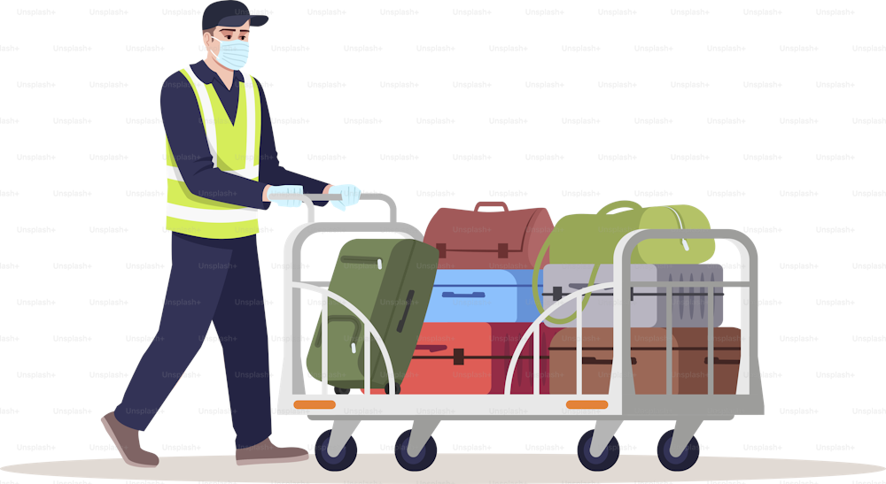 Airport staff semi flat RGB color vector illustration. Man in medical mask with trolley. Aircraft service to ship baggage. Station delivery worker isolated cartoon character on white background