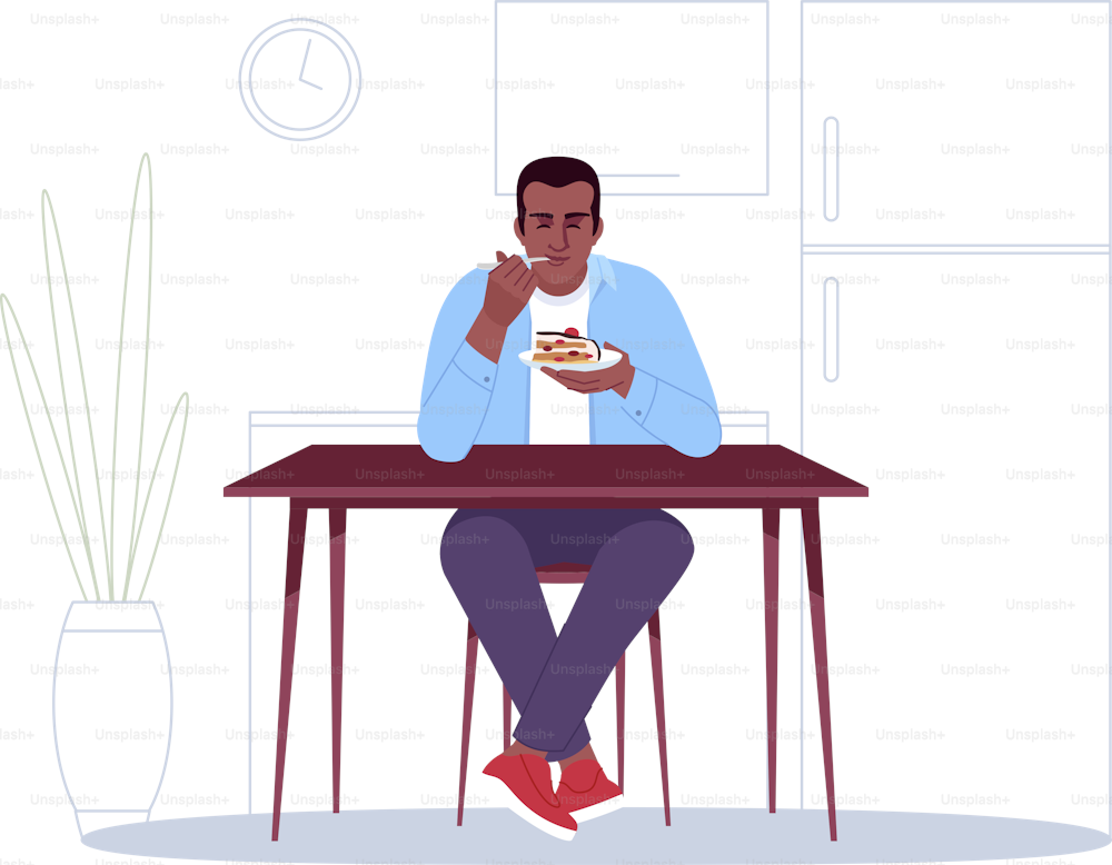 Uomo afroamericano che mangia dessert illustrazione vettoriale di colore RGB semi piatta. Ragazzo della pelle scura che gode di cibo dolce, deliziosa torta al cioccolato isolato personaggio dei cartoni animati su priorità bassa bianca