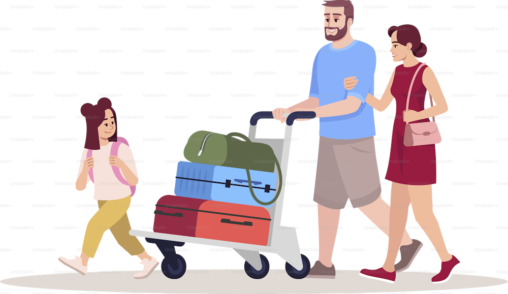Airport departure semi flat RGB color vector illustration. Parents with daughter carry baggage. Caucasian family go on holiday. Passengers isolated cartoon characters on white background