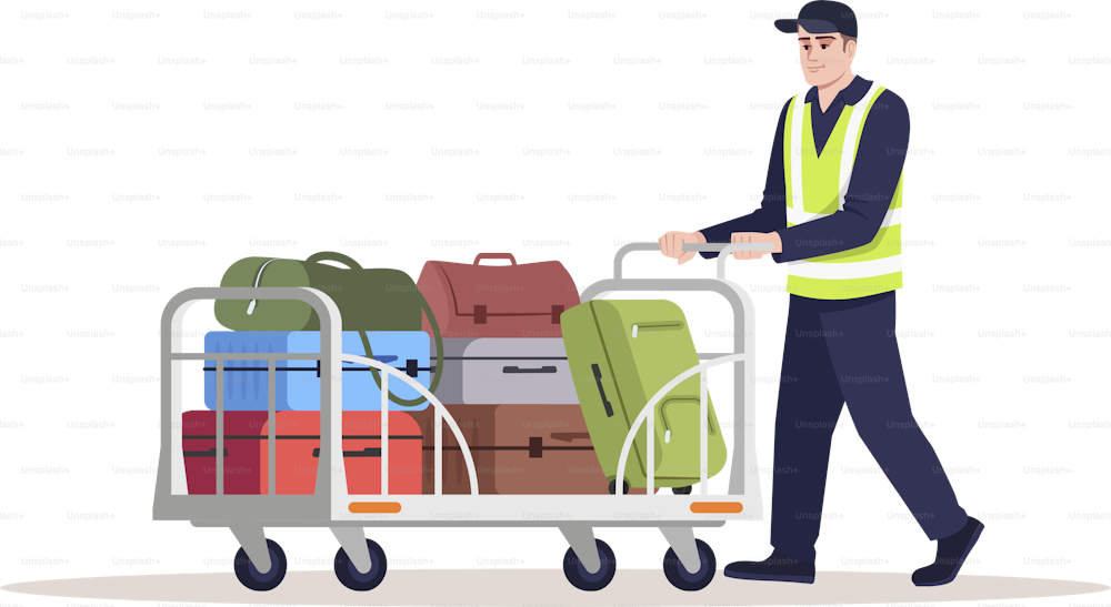 空港職員のセミフラットRGBカラーベクターイラスト。男はトロリーで荷物を運ぶ。手荷物を輸送する航空機サービス。白い背景に駅の配達員の漫画のキャラクター