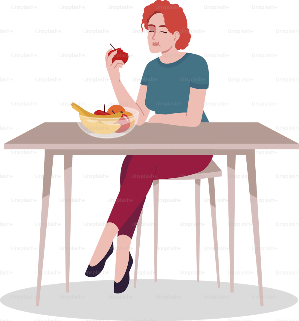 Girl enjoying fresh fruits semi flat RGB color vector illustration. Healthy nutrition, natural food consumption. Young caucasian woman eating fresh apple isolated cartoon character on white background