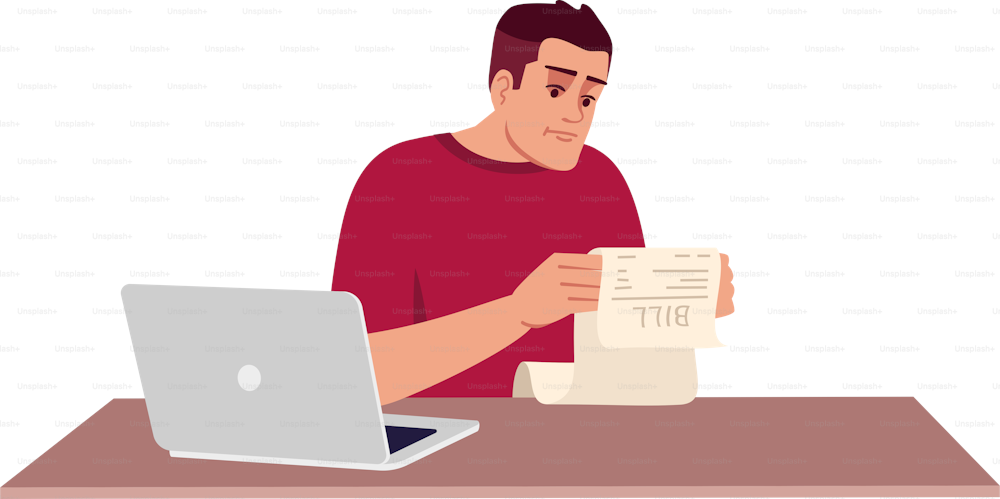 Adult man studying bill semi flat RGB color vector illustration. Sad caucasian guy isolated cartoon character on white background. Financial problems, debt repayment. Emotional pressure, stress