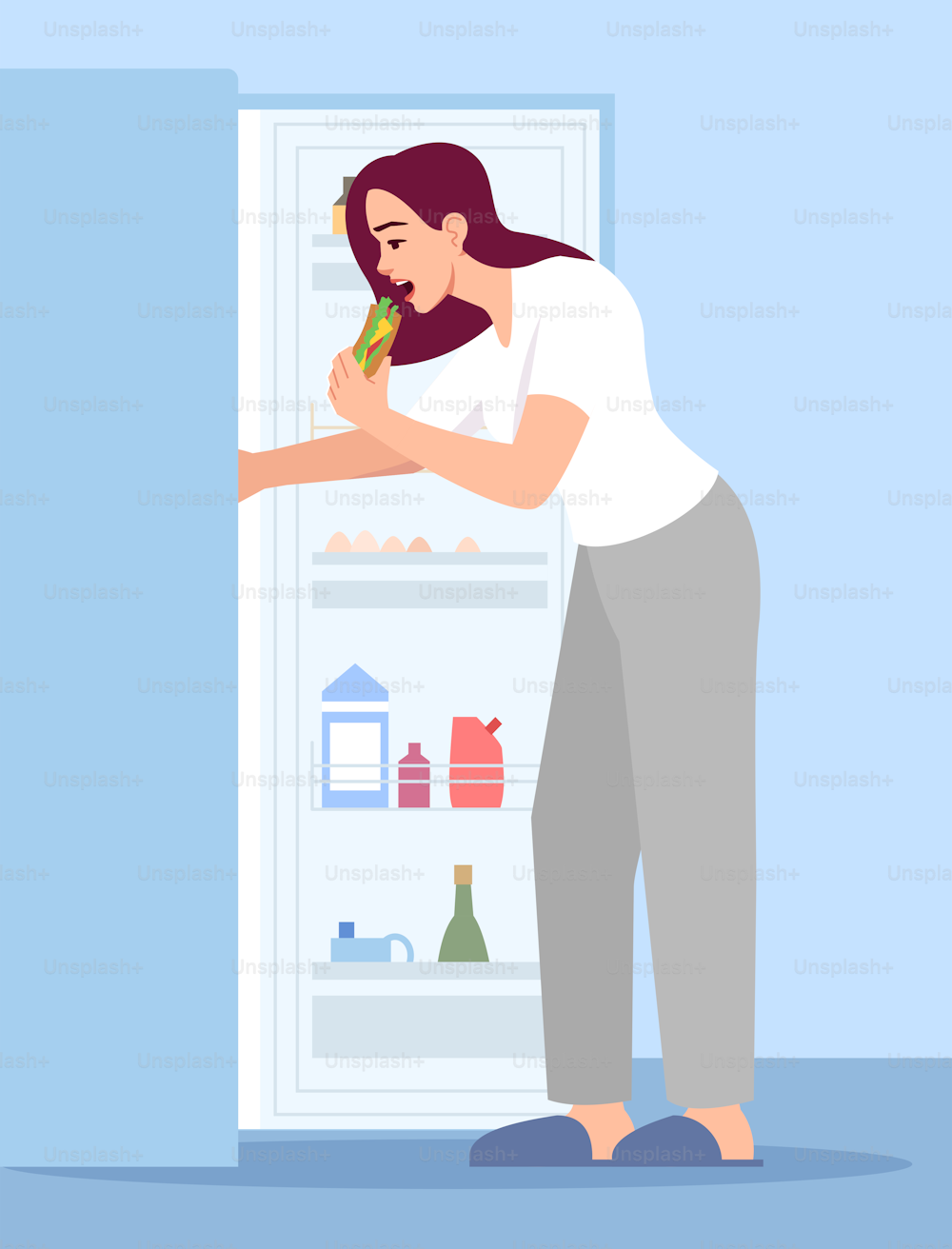 Donna che mangia sandwich semipiatto RGB illustrazione vettoriale di colore. Ragazza stressata vicino al frigorifero aperto isolato personaggio dei cartoni animati su sfondo blu. Mangiare emotivo, problema di eccesso di cibo, alimentazione malsana