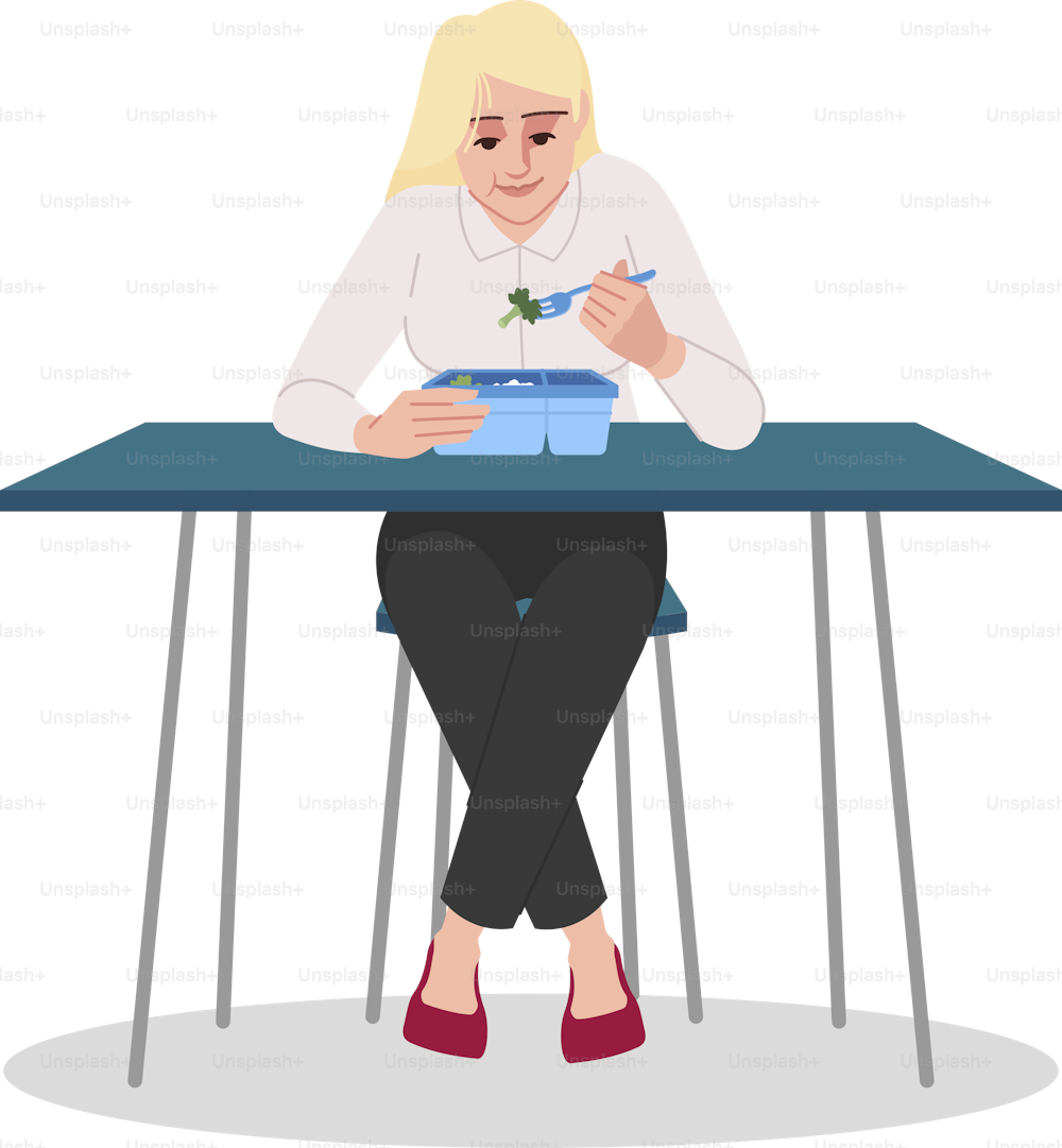 Caucasian woman eating broccoli semi flat RGB color vector illustration. Young businesswoman, office worker, college student at lunch break isolated cartoon character on white background