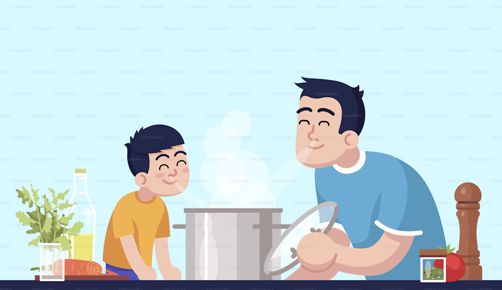 Papá e hijo inhalando comida aroma semi plana RGB color vector ilustración. Padre masculino y niño con cacerola, personas con plato fragante aislados personajes de dibujos animados sobre fondo azul