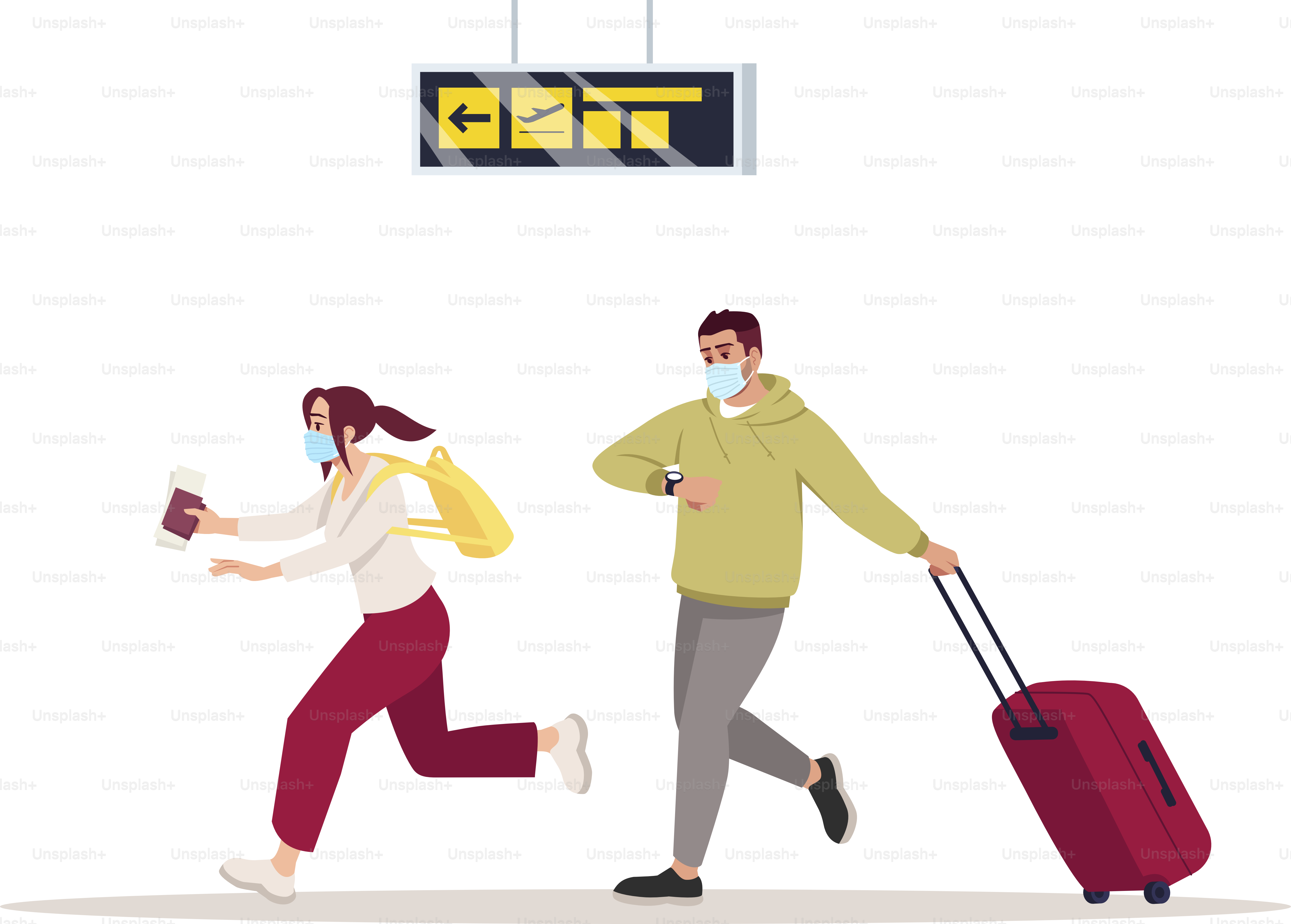 Rush to flight semi flat RGB color vector illustration. Man and woman in medical masks late for boarding. Couple rush to gate. Airplane passengers isolated cartoon characters on white background