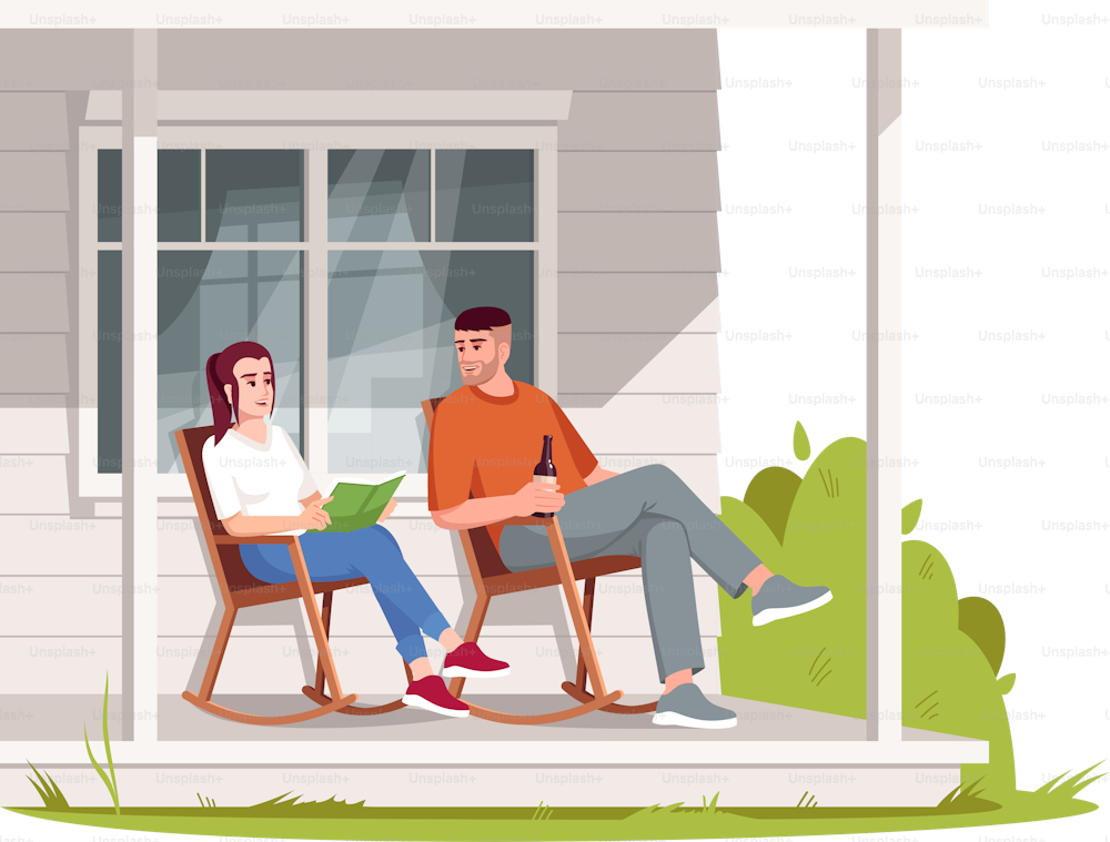 La pareja se sienta en sillones en el patio semi plano RGB ilustración vectorial en color. Estilo de vida rural, recreación de verano en el pueblo. La gente en el porche se relaja en la silla aislada del personaje de dibujos animados sobre fondo blanco