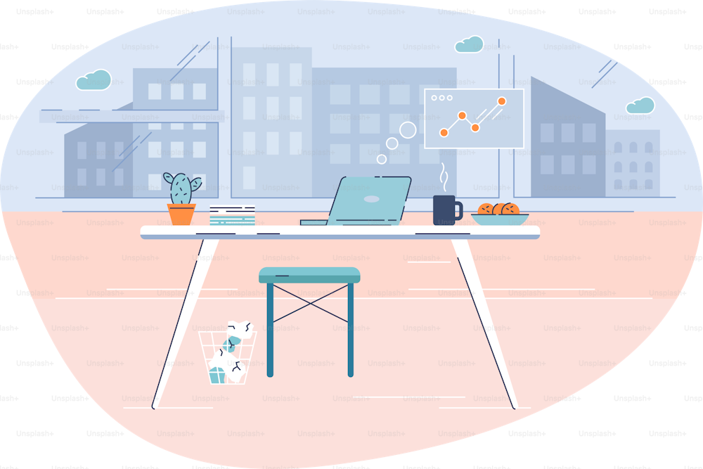 Working table semi flat vector illustration. Home office 2D cartoon interior for commercial use. Company employee, professional freelancer workplace with laptop and snacks. Business analyst workspace