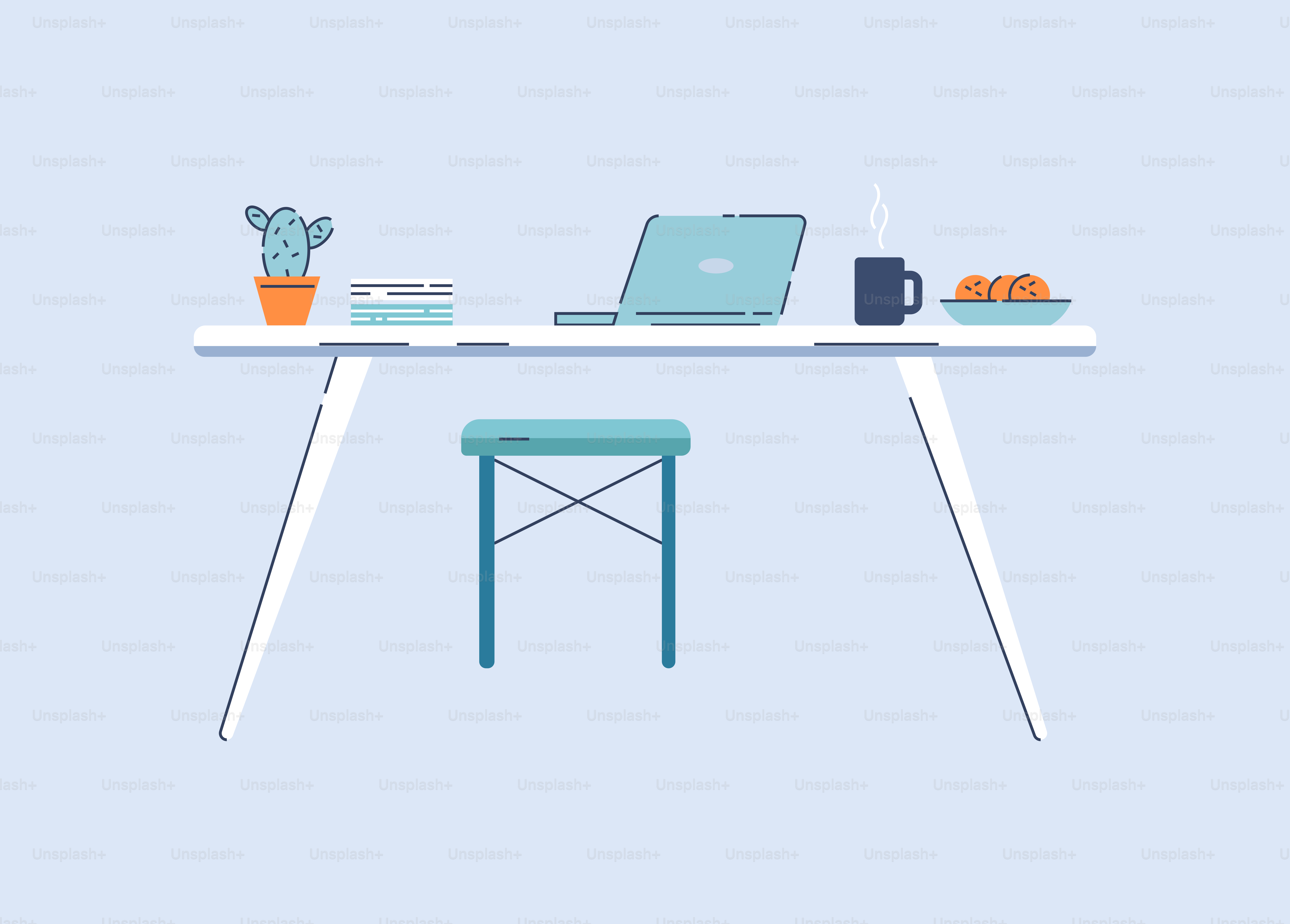 Ilustração vetorial RGB semi-plana em ambiente doméstico. Mesa com laptop, documentos e lanches, objetos isolados de desenho animado sobre fundo azul. Espaço de trabalho aconchegante para freelancer e trabalhador independente